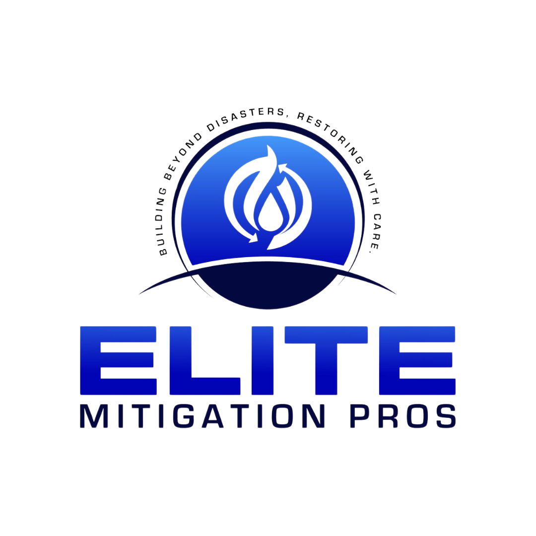 A blue and white logo of the company elite mitigation pros.