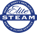 A blue and white logo for elite steam