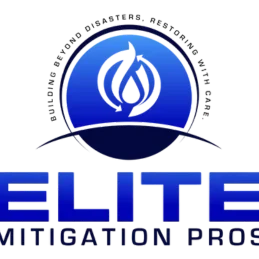 A blue logo for elite mitigation pros